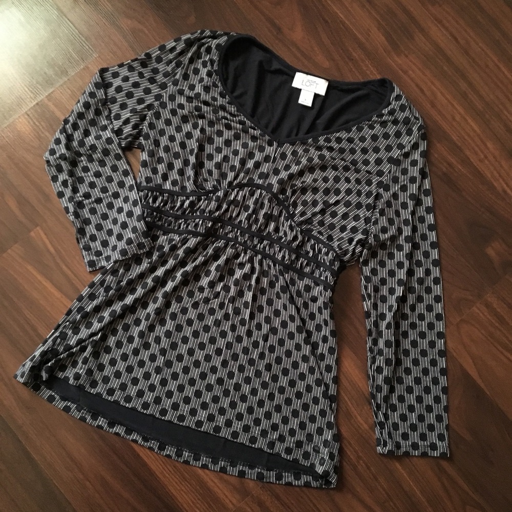 LOFT polka dot stripe navy v neck blouse